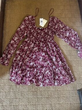 Smocked Burgundy Floral Long-Sleeve Casual Dress